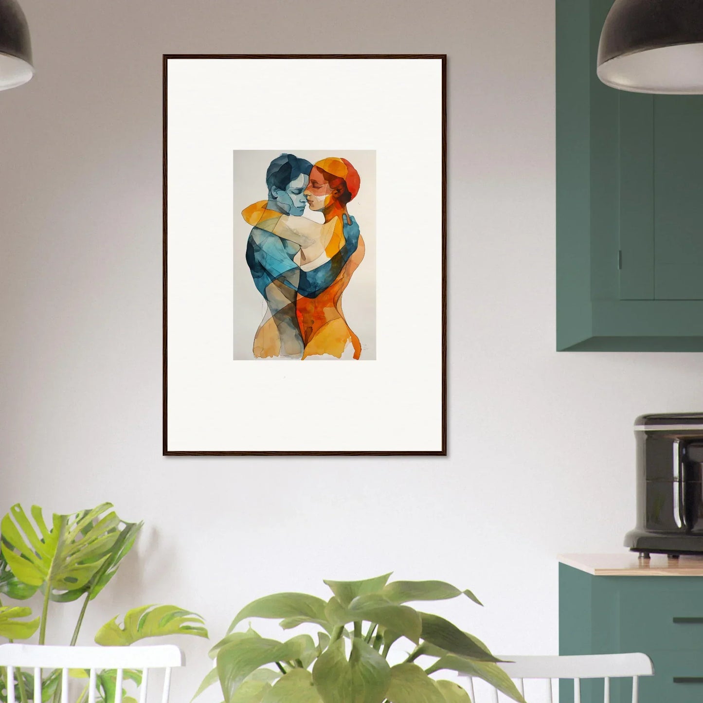 Framed wall art of colorful embrace representing Aqua Souls Tangent for unique room decor