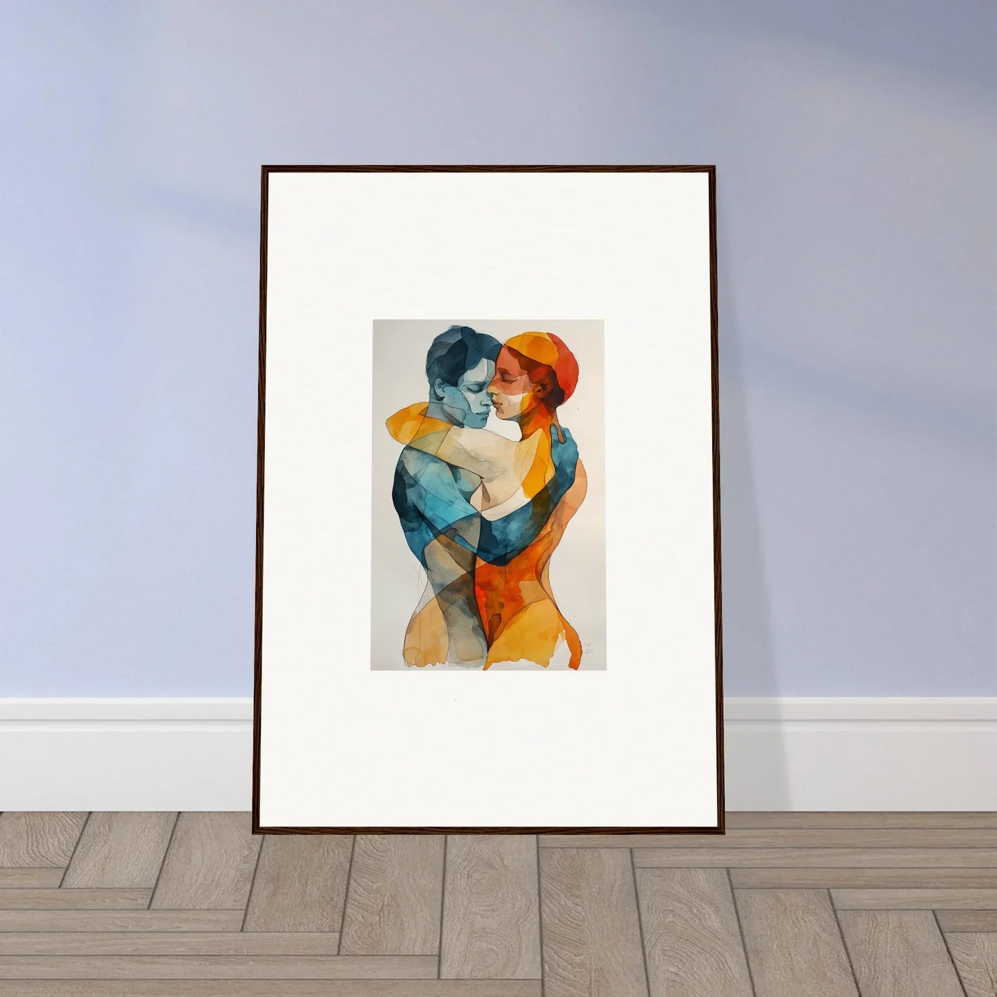 Framed watercolor painting of abstract figures for elegant room decor, Aqua Souls Tangent