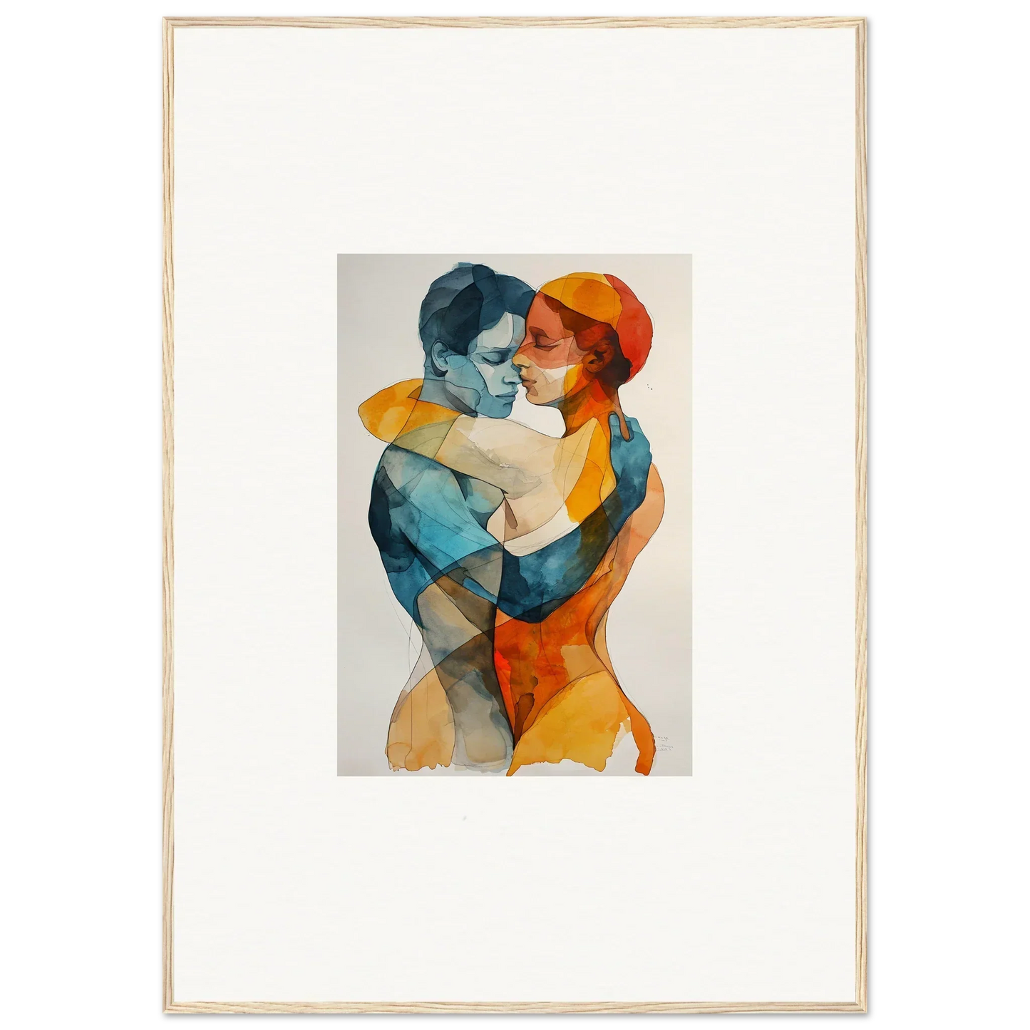 Watercolor painting of embracing figures in blue and orange for Souls Tangent room decor