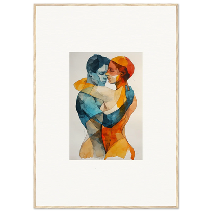 Watercolor painting of embracing figures in blue and orange for Souls Tangent room decor