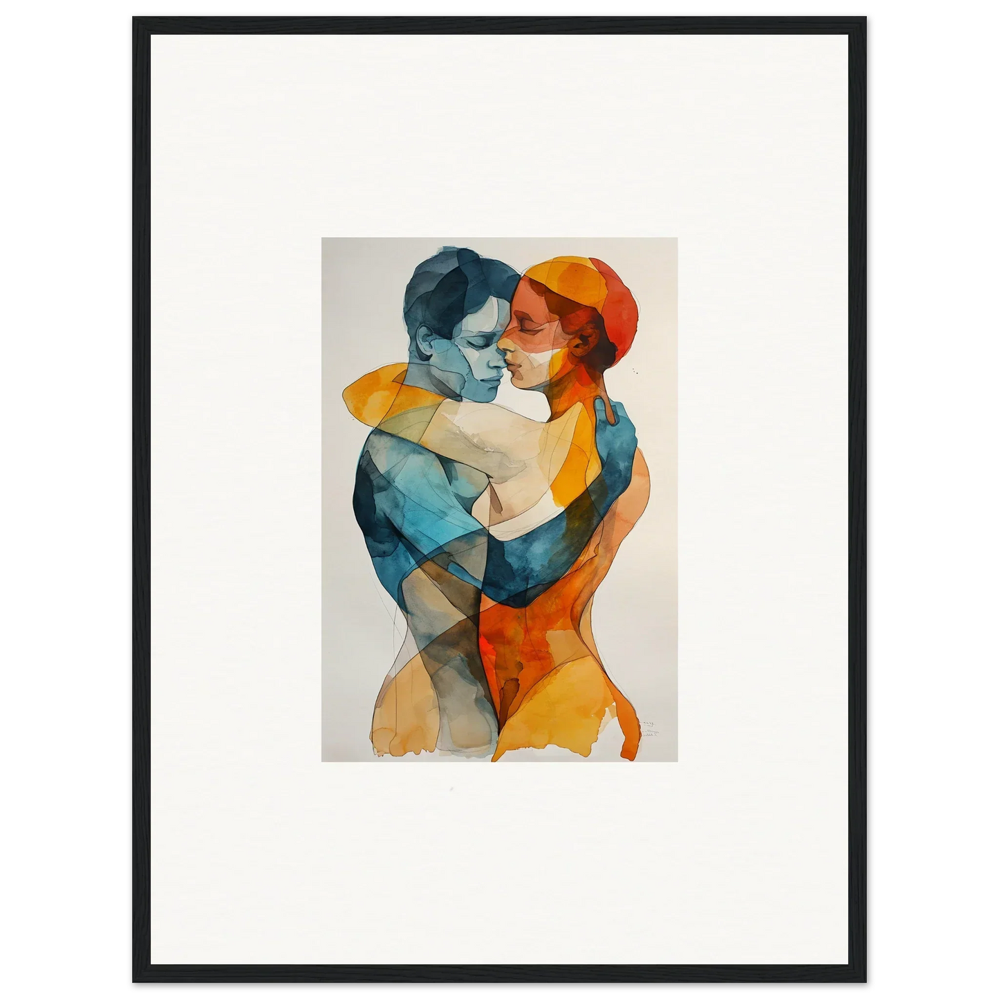 Watercolor painting of an embracing couple in blue and orange for Souls Tangent wall art