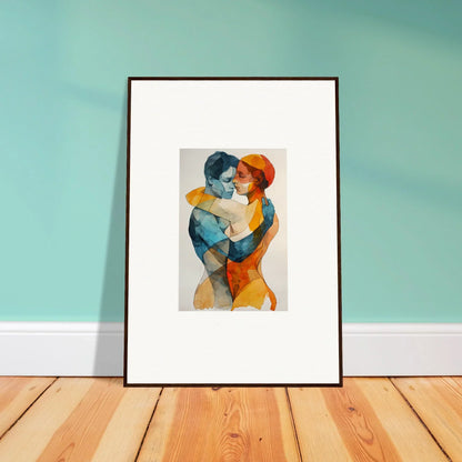 Framed wall art of embracing couple in abstract watercolor for Aqua Souls Tangent room decor