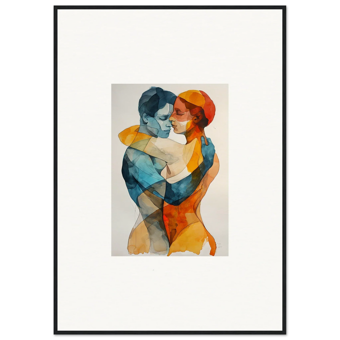 Watercolor painting of two embracing figures for Aqua Souls Tangent wall art decor