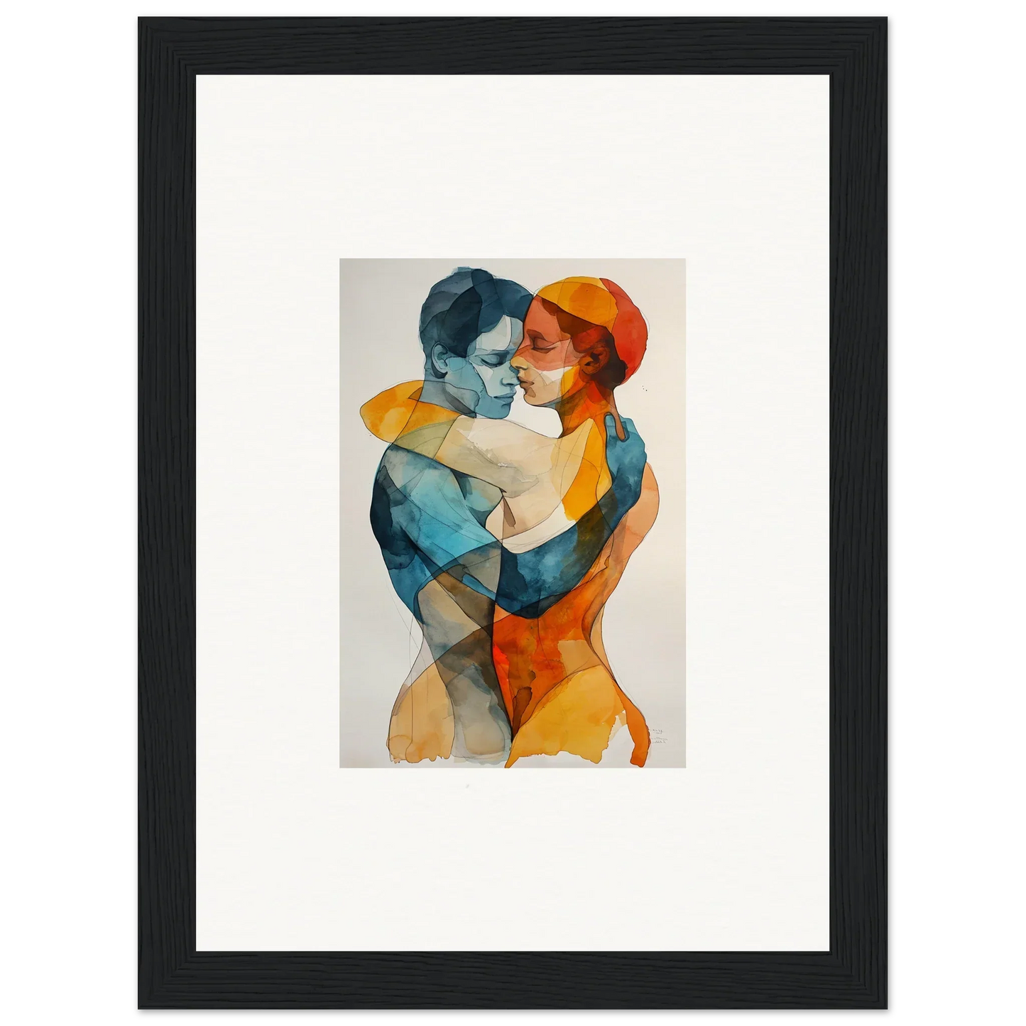 Watercolor painting of embracing figures in vibrant blue and orange for Aqua Souls Tangent decor