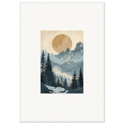 Misty mountains with pine trees and a golden sun in Alpine Serenade wall art decor