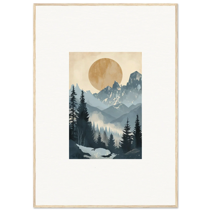 Framed wall art of an Alpine Serenade with a golden sun over a forest landscape