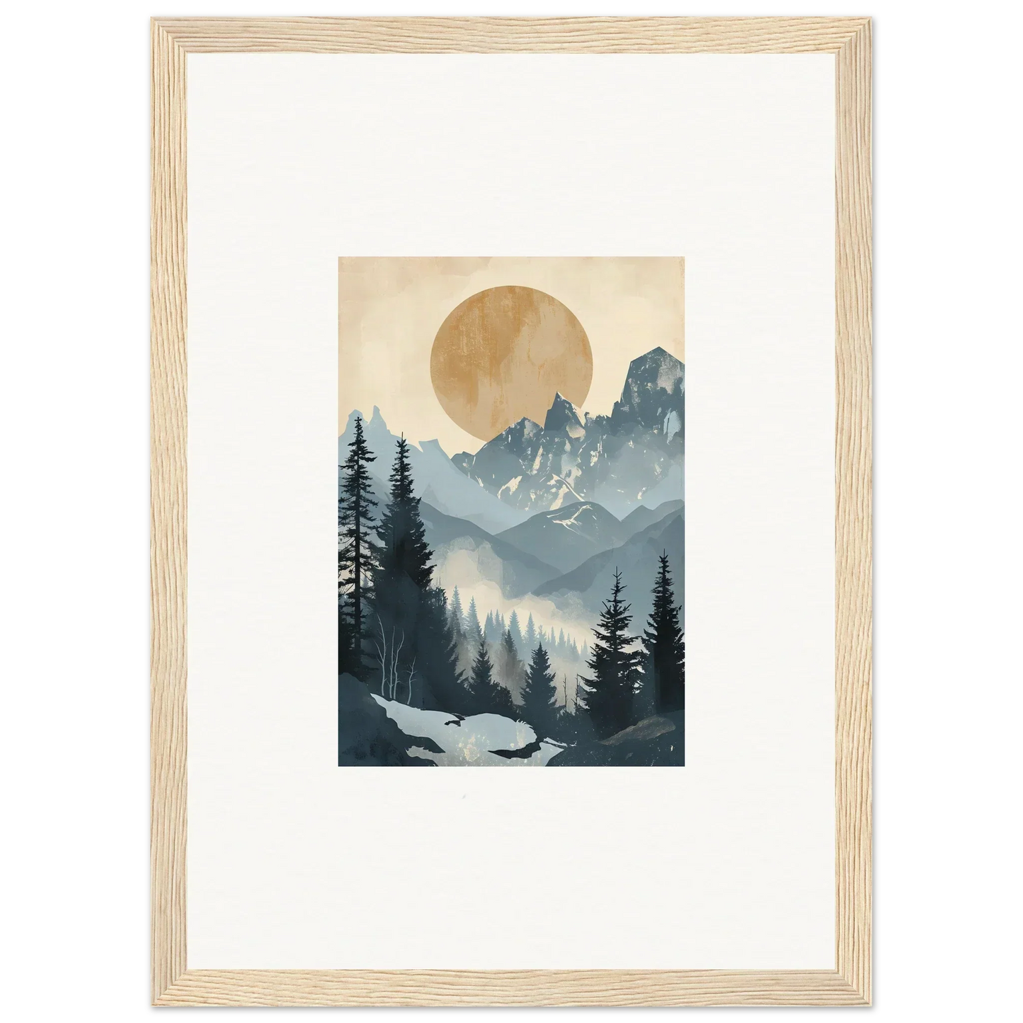 Framed wall art of an alpine serenade featuring a mountainous forest landscape