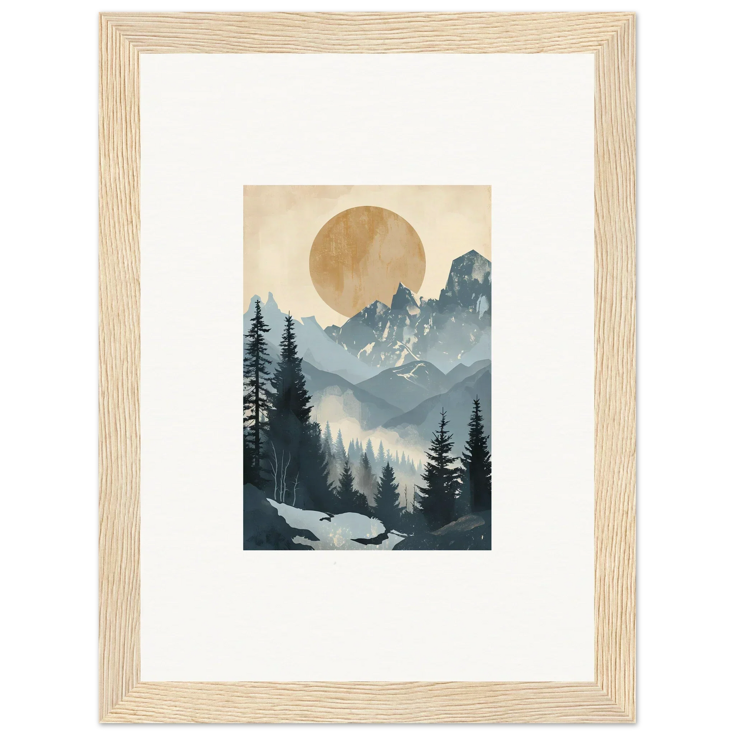 Framed wall art of an Alpine Serenade with a sunlit mountainous forest landscape