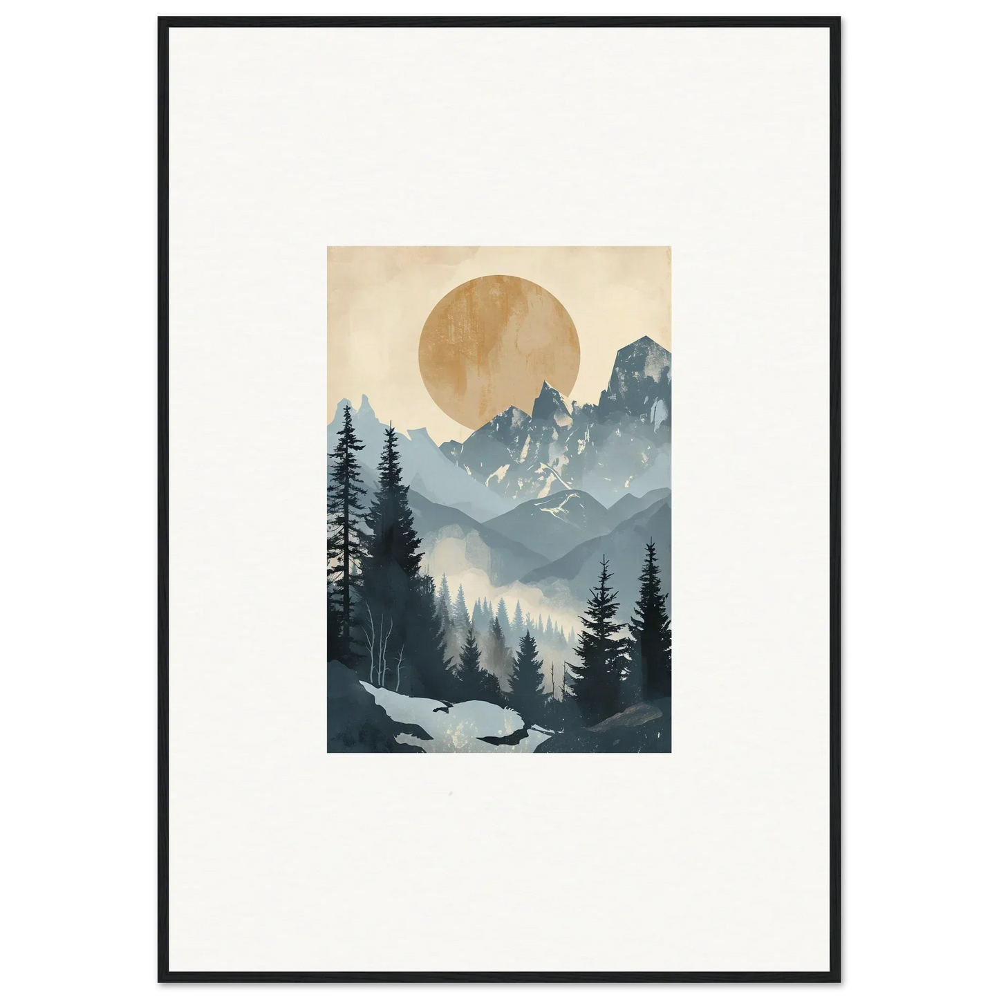 Framed wall art of an alpine serenade with mountains, sun, and evergreen trees