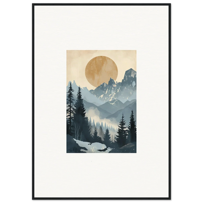 Framed wall art of an alpine serenade with mountains, sun, and evergreen trees