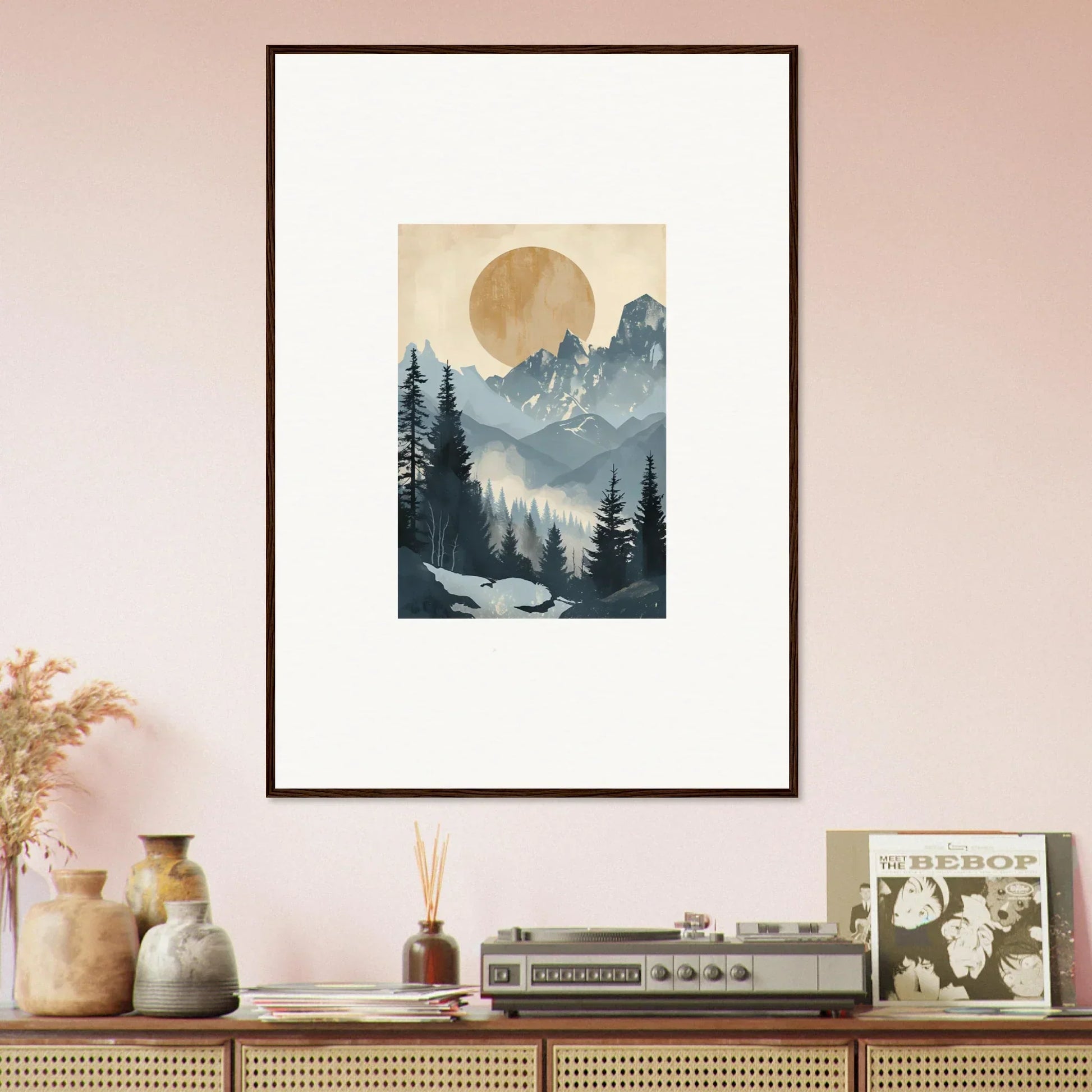 Framed wall art featuring an alpine serenade with a scenic mountainous landscape