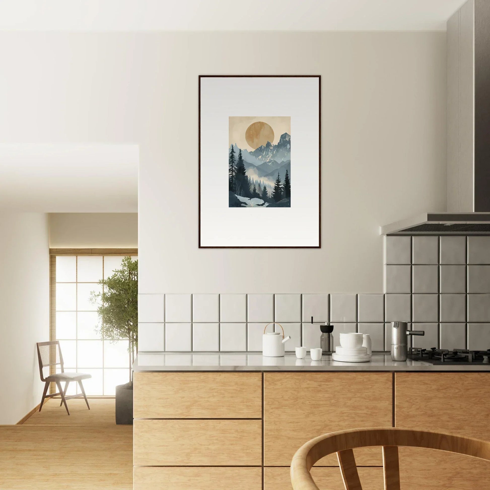 Framed wall art of a mountainous landscape in alpine serenade for room decor