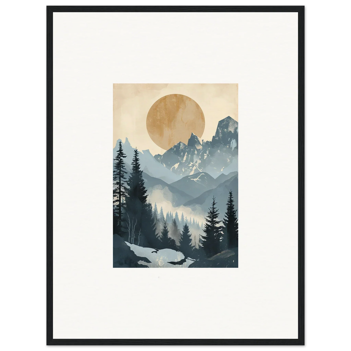 Framed wall art of an alpine serenade with mountains, sun, and evergreen forest