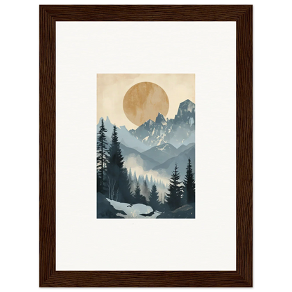 Framed wall art of Ephemeral Alpine Serenade featuring mountains and a golden sun