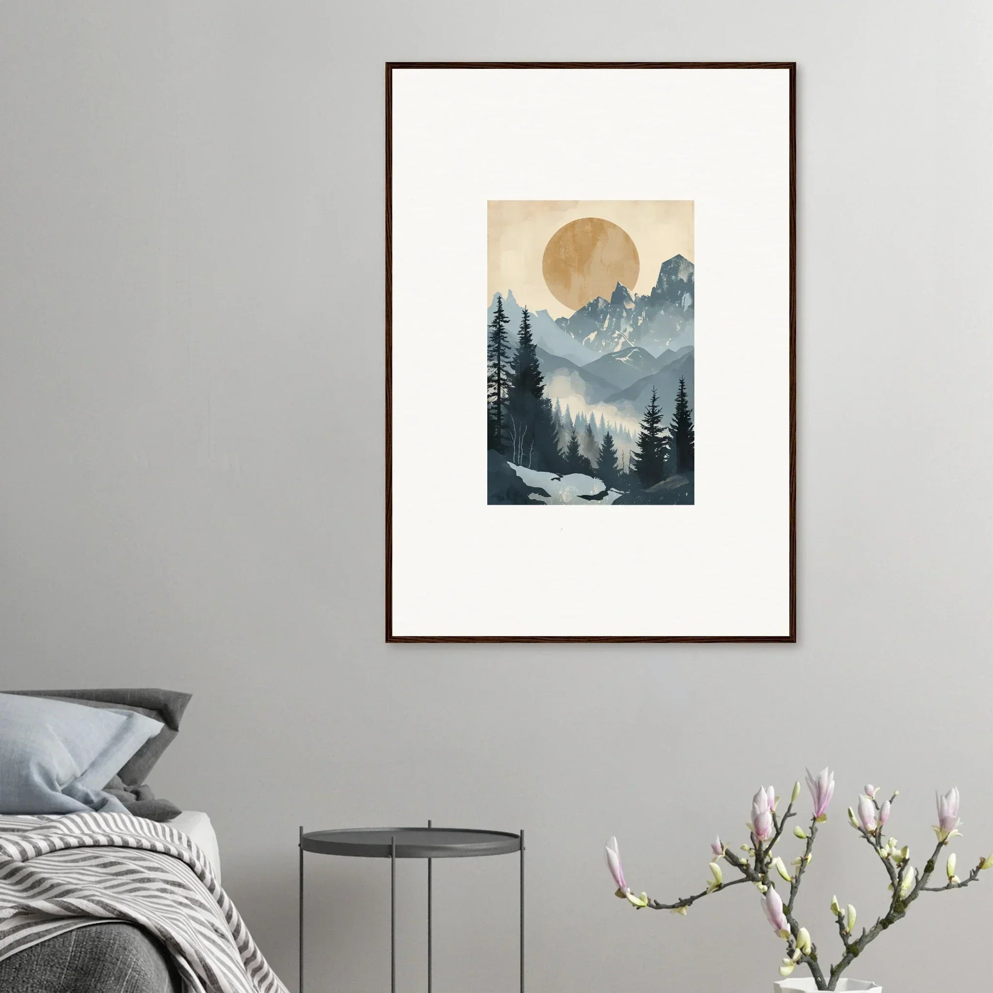 Framed wall art of an Alpine Serenade misty mountain landscape with a full moon