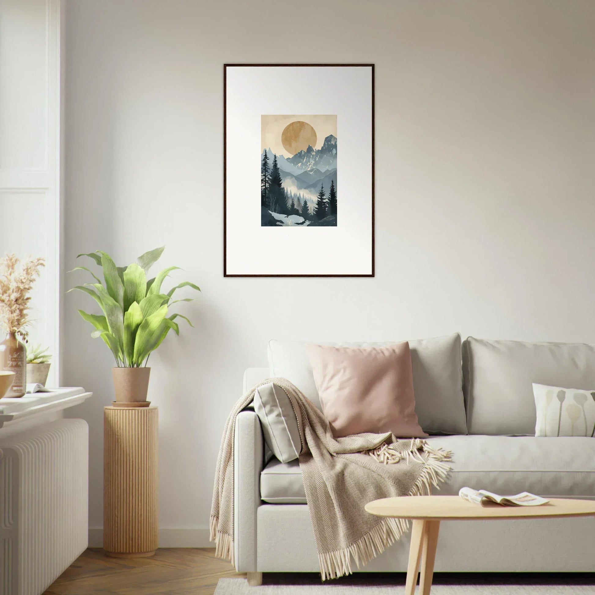 Framed wall art of a misty mountain landscape in Alpine Serenade room decor