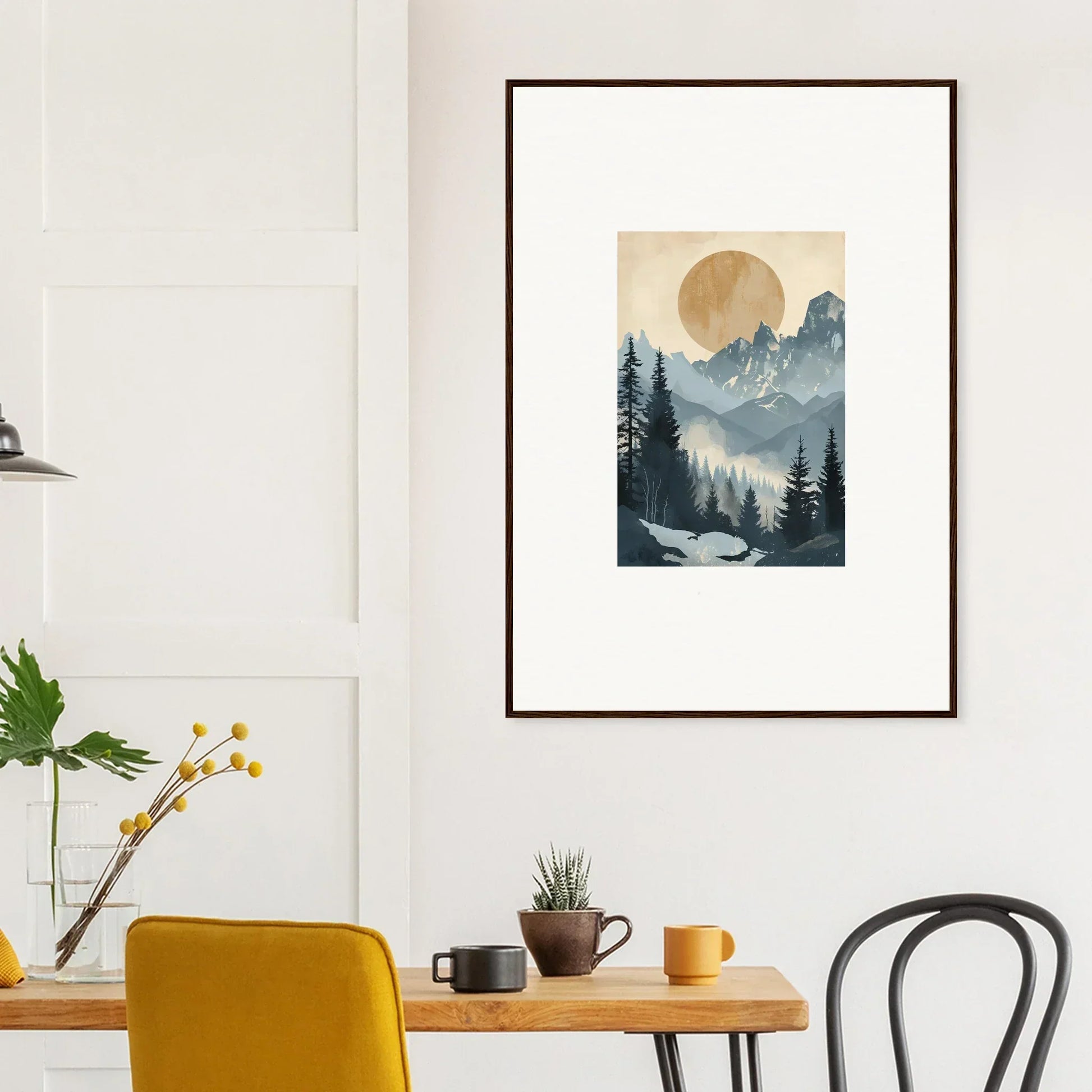 Framed wall art of Ephemeral Alpine Serenade showcasing a mountain landscape and sun