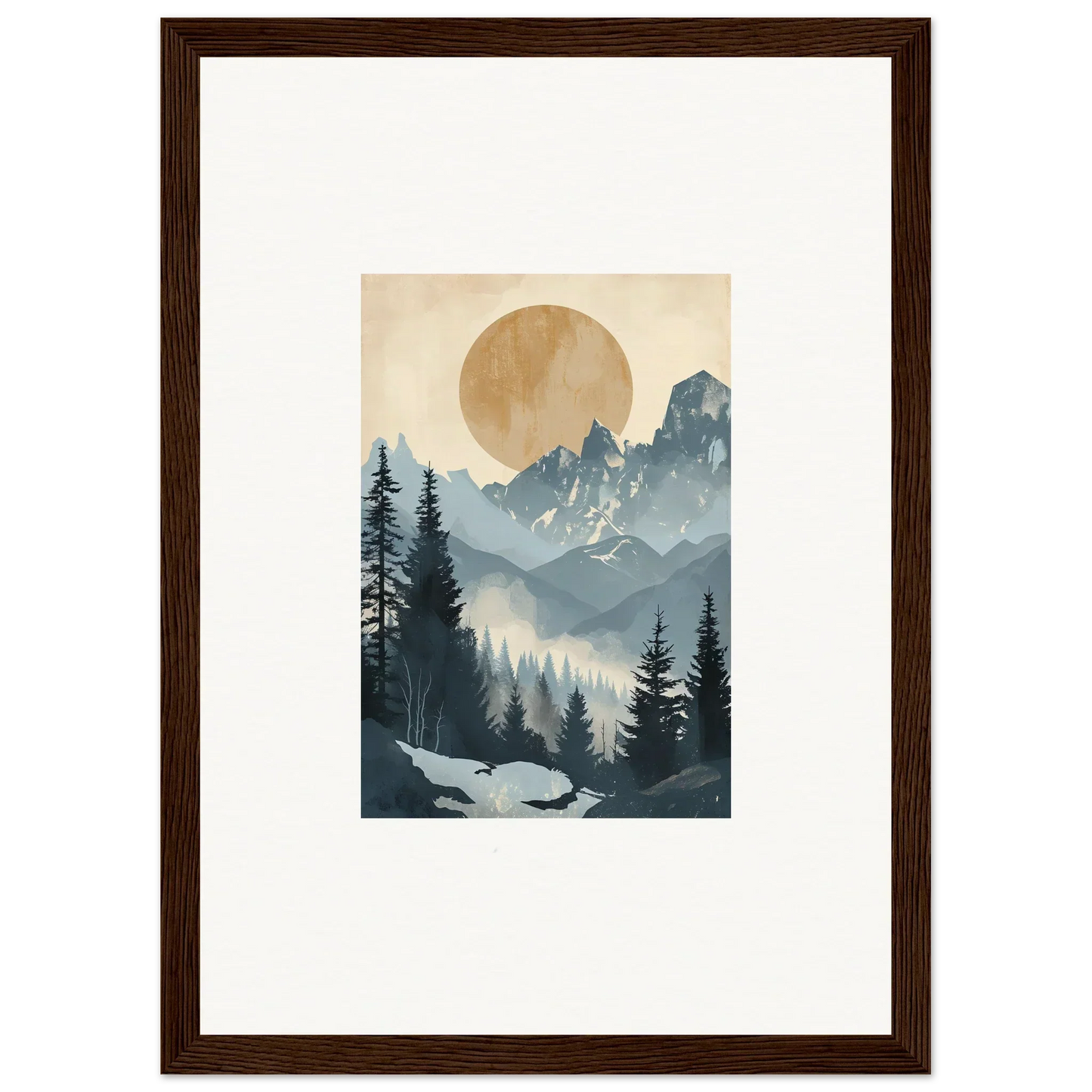 Framed wall art featuring Ephemeral Alpine Serenade with misty mountains and golden sun