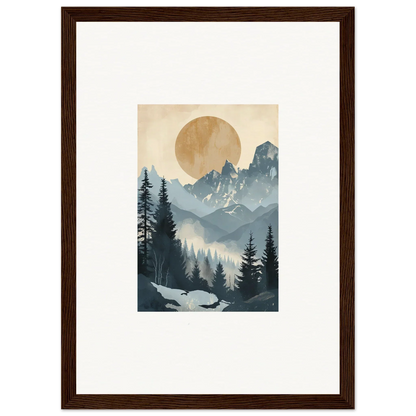 Framed wall art featuring Ephemeral Alpine Serenade with misty mountains and golden sun