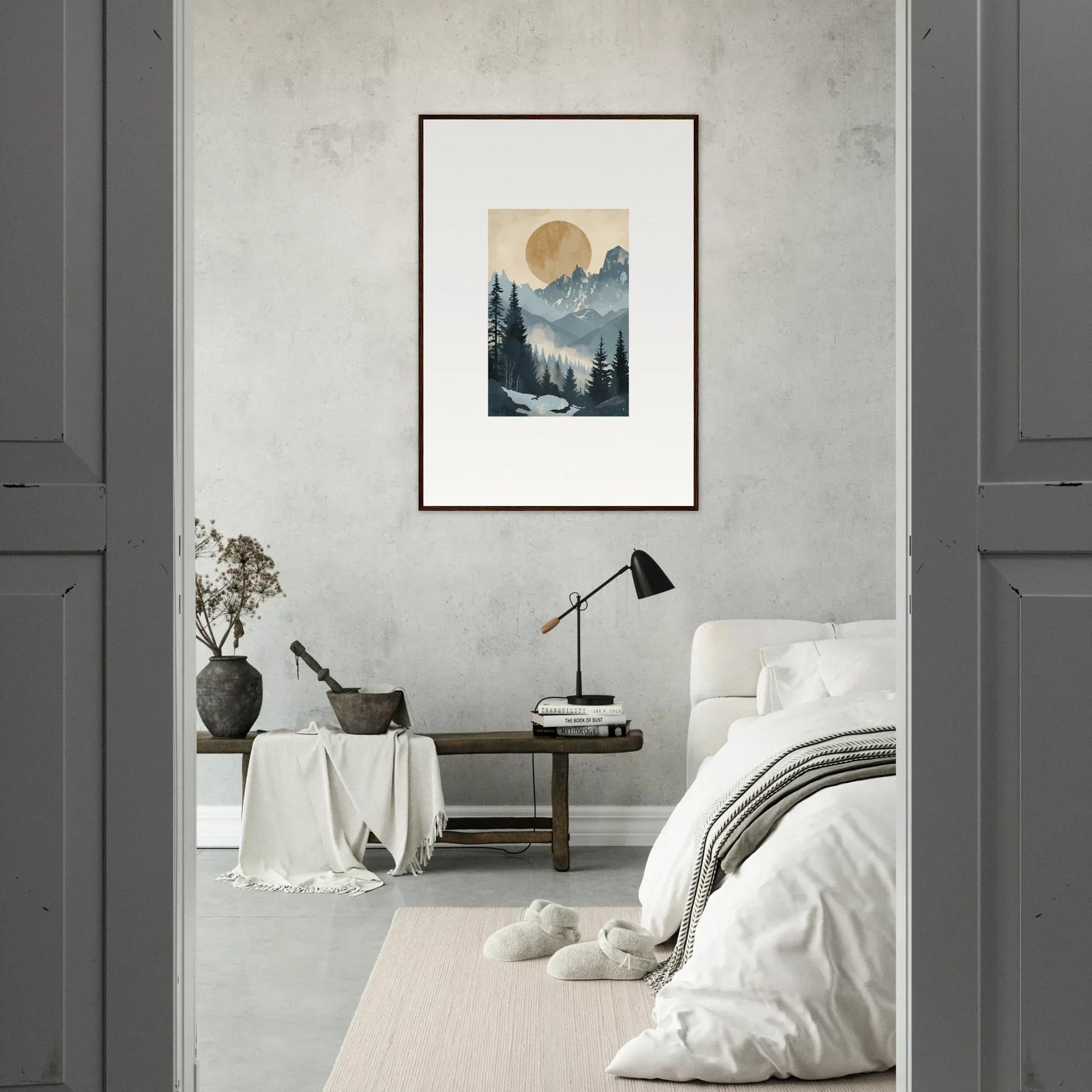 Framed watercolor of a misty mountain landscape, an ideal alpine serenade for room decor