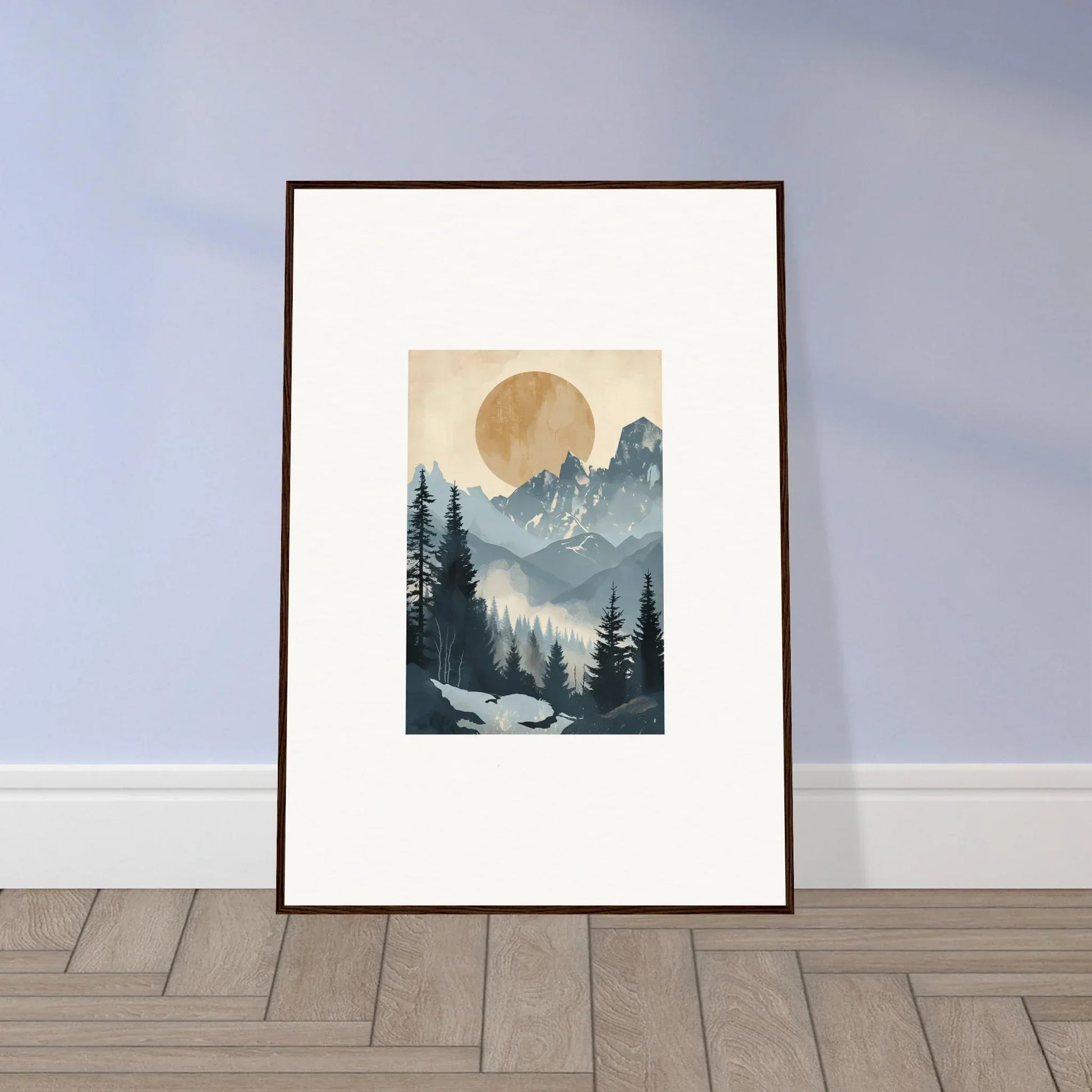 Framed wall art of misty mountains and pine trees for serene alpine serenade room decor