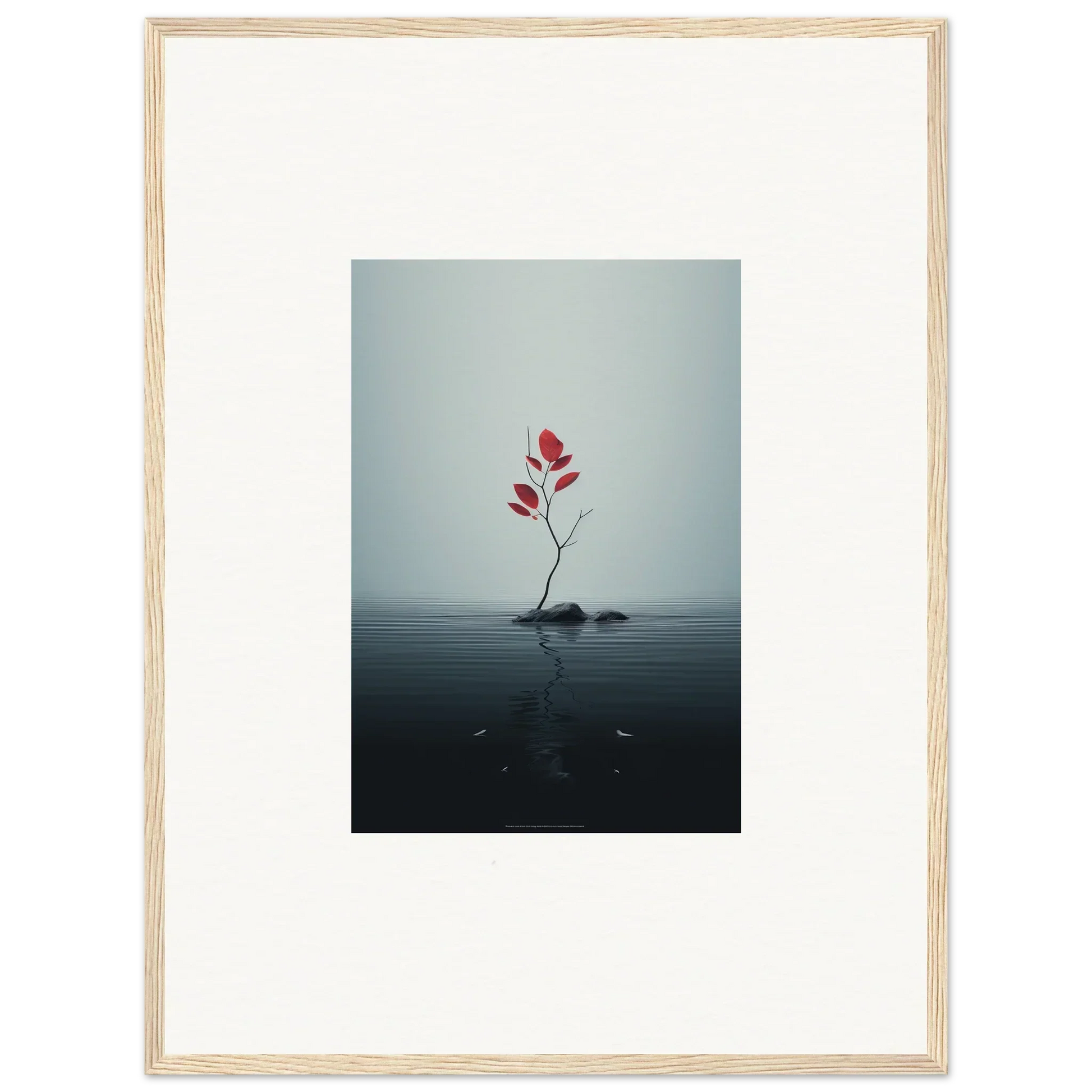 Red flower stem rising from calm water, perfect for Autumn Symphony room decor