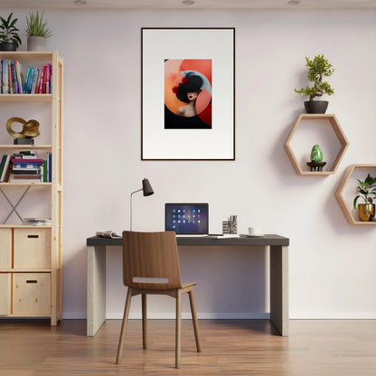 Modern home office with dark desk and shelving showcasing Ephemeral Bliss Veils