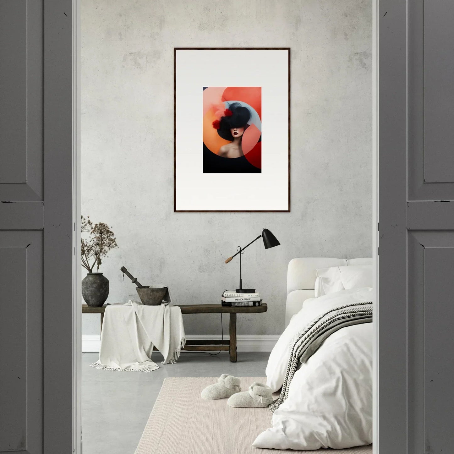 Framed Ephemeral Bliss Veils artwork with dark silhouette on vibrant orange-red background