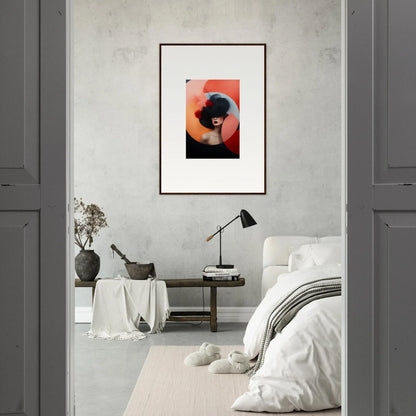 Framed Ephemeral Bliss Veils artwork with dark silhouette on vibrant orange-red background