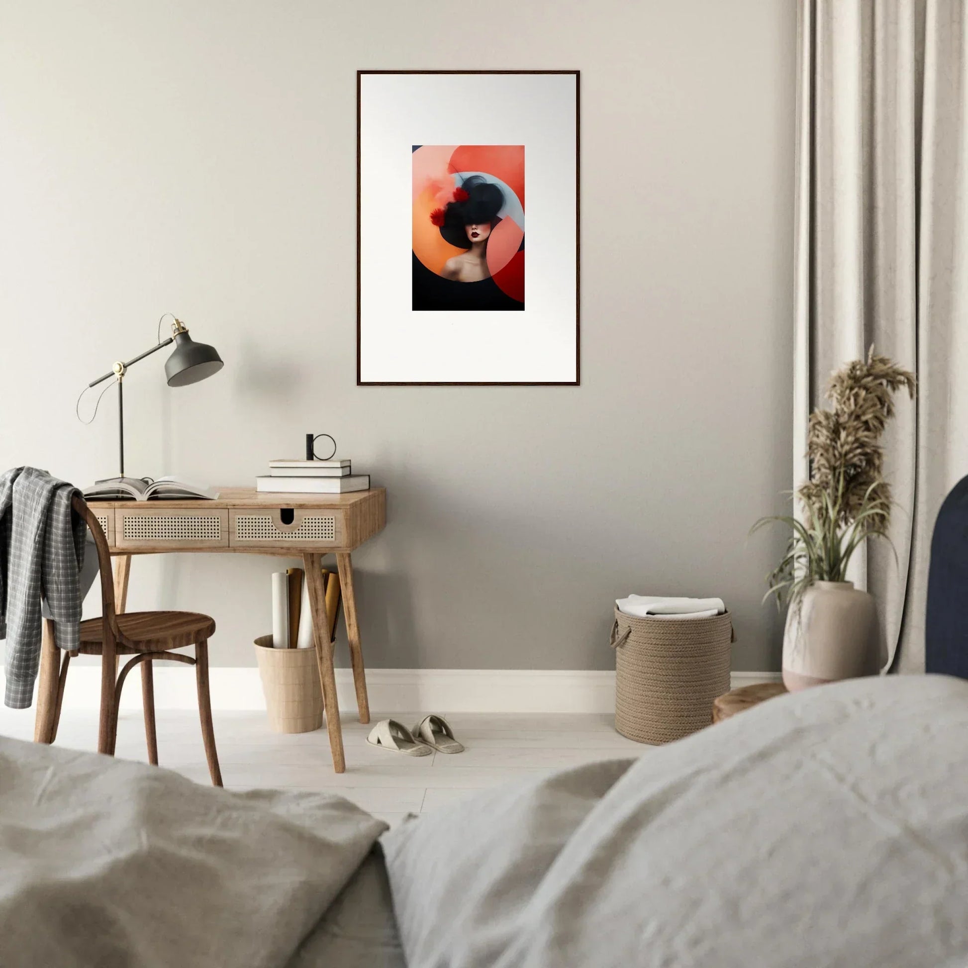 Framed abstract art print with orange and black circles from Ephemeral Bliss Veils