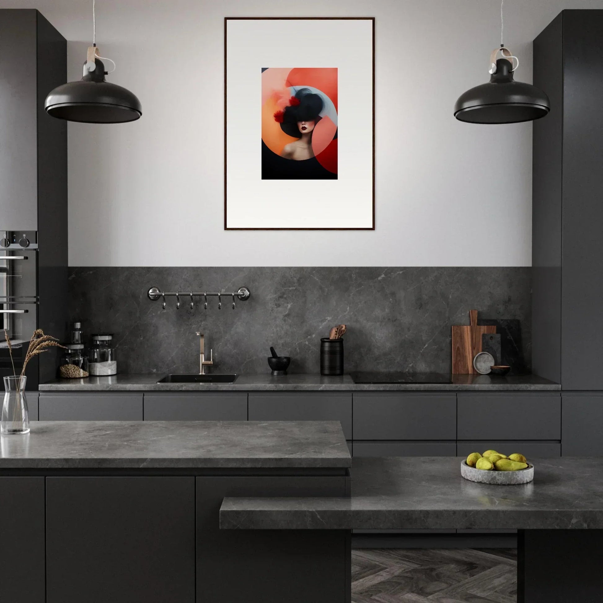 Modern dark gray kitchen with Ephemeral Bliss Veils and vibrant orange artwork