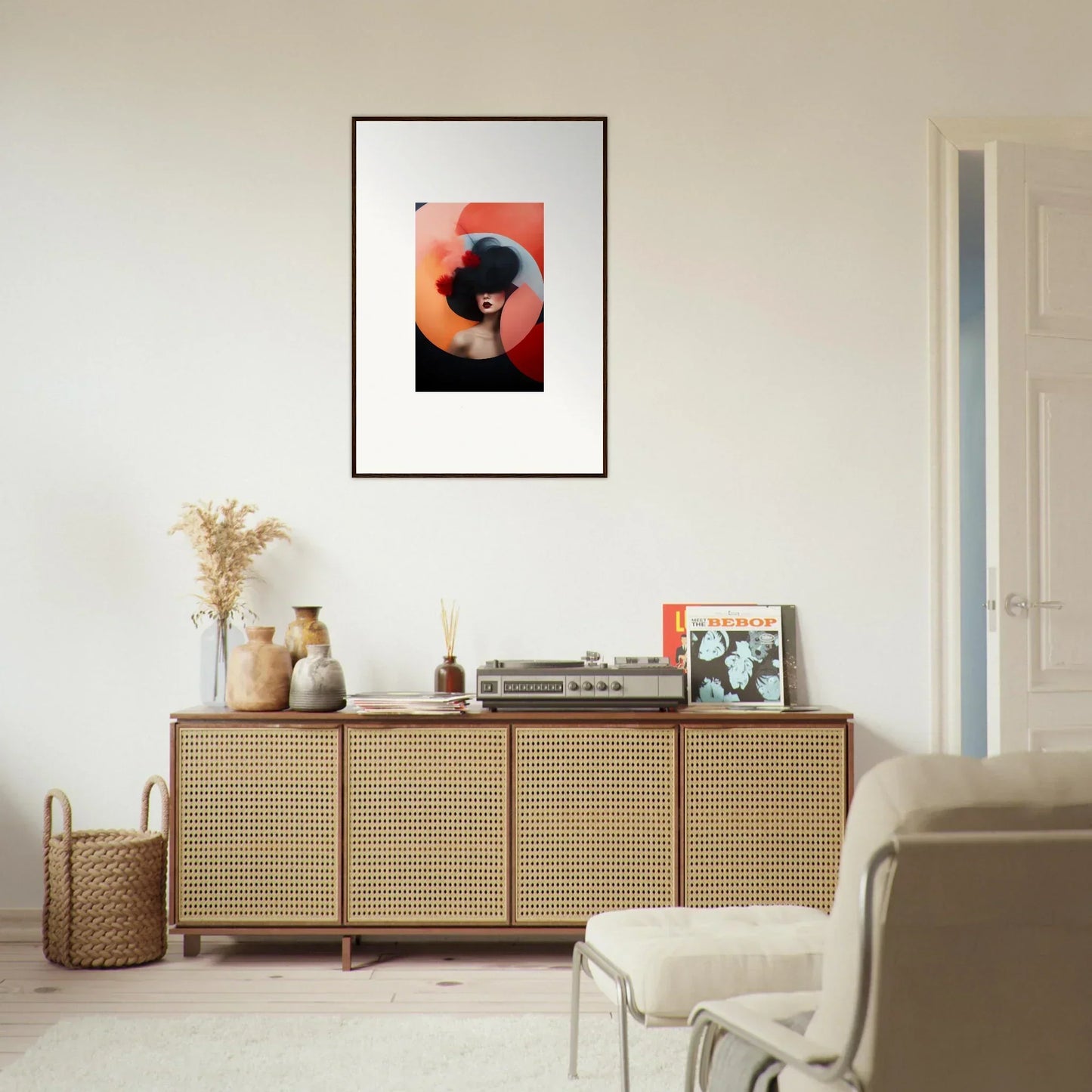 Rattan-fronted wooden credenza with decorative objects and Ephemeral Bliss Veils