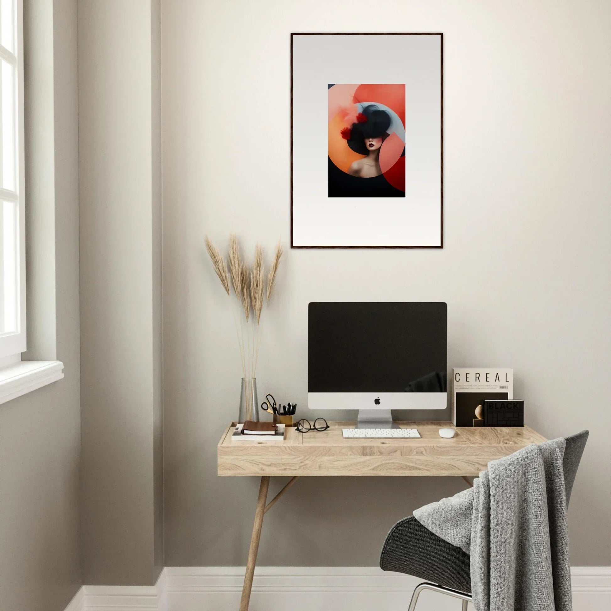 Minimalist wooden desk with an iMac and Ephemeral Bliss Veils special edition art™ above