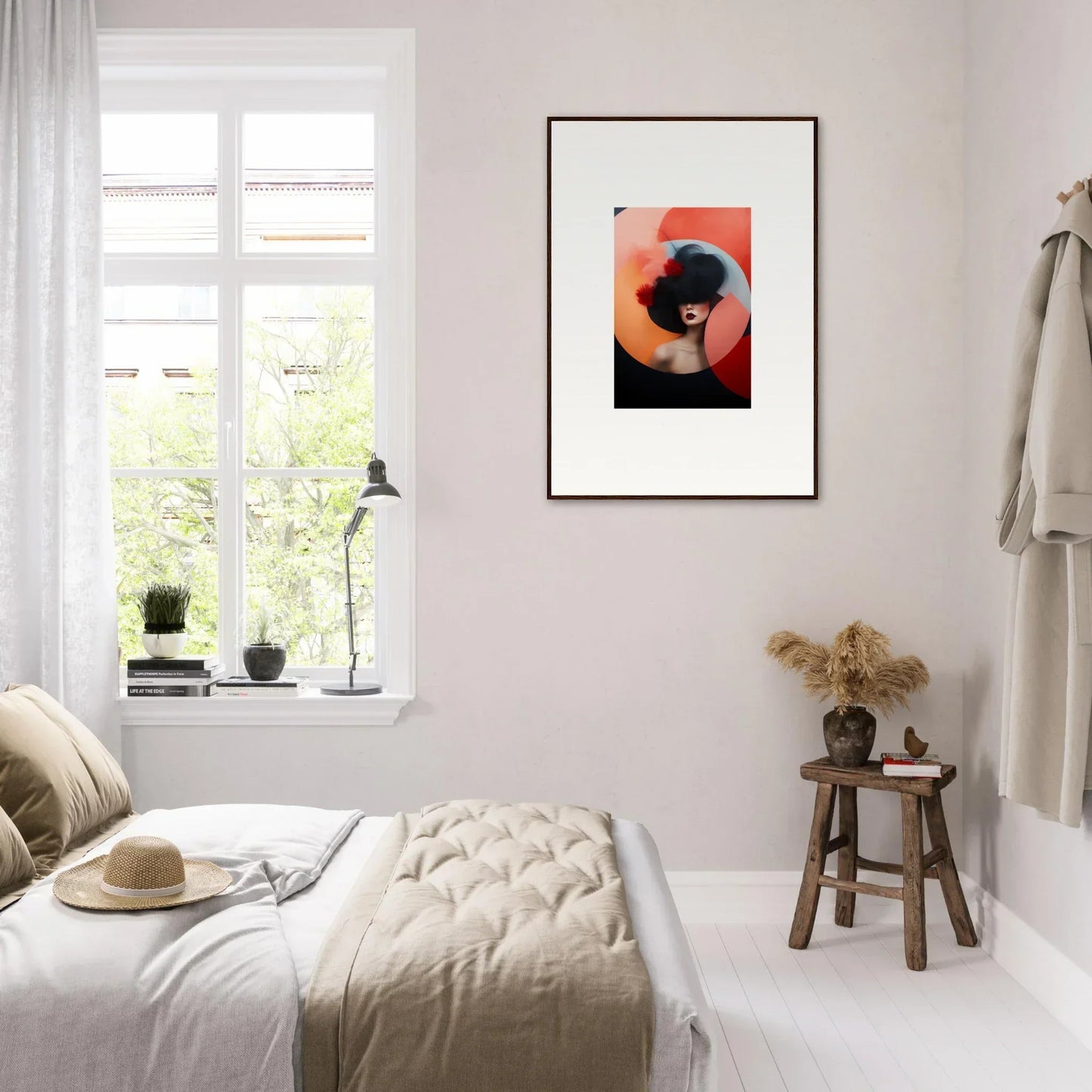 Minimalist bedroom featuring Ephemeral Bliss Veils and special edition art™ on pale walls