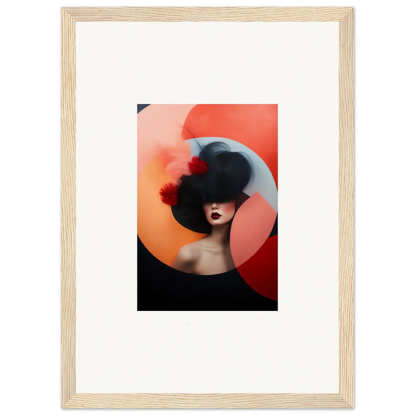 Framed art print of a silhouetted figure in a hat with vibrant orange-red hues, Ephemeral Bliss Veils