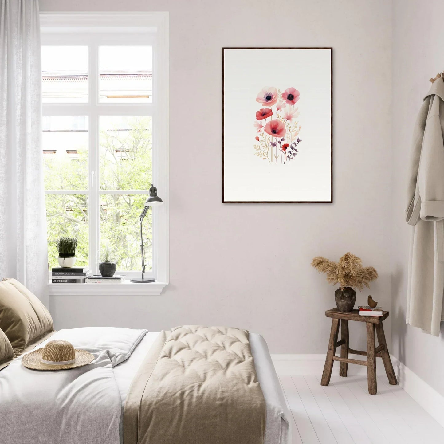 Framed watercolor of pink flowers, perfect for your bloom tapestry room decoration