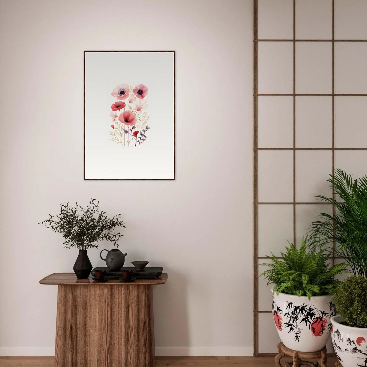 Framed watercolor of red and pink flowers for a stunning bloom tapestry room decoration