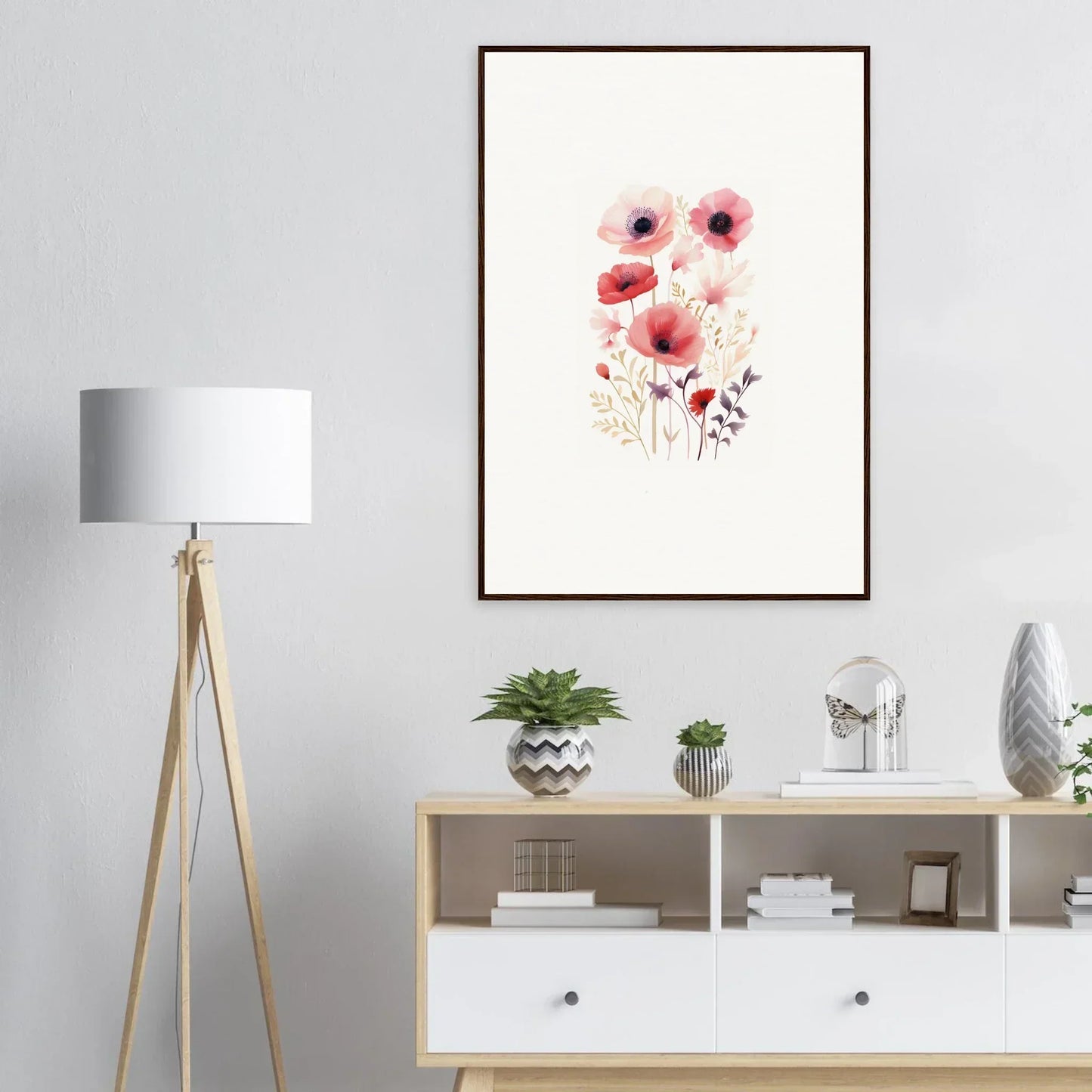 Framed watercolor of pink poppies, a stunning bloom tapestry for room decoration