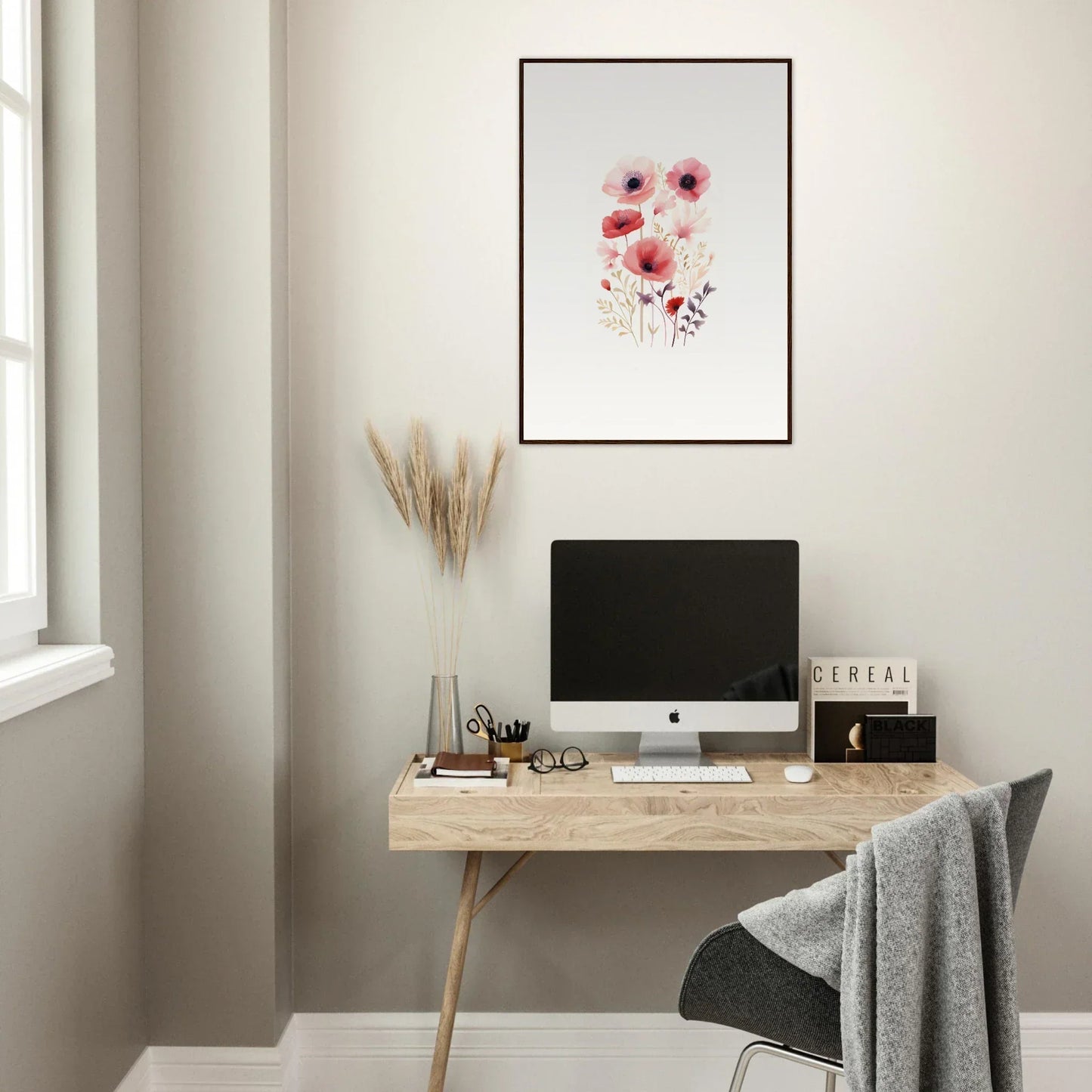 Minimalist wooden desk with a computer and Ephemeral Bloom Tapestry for room decoration