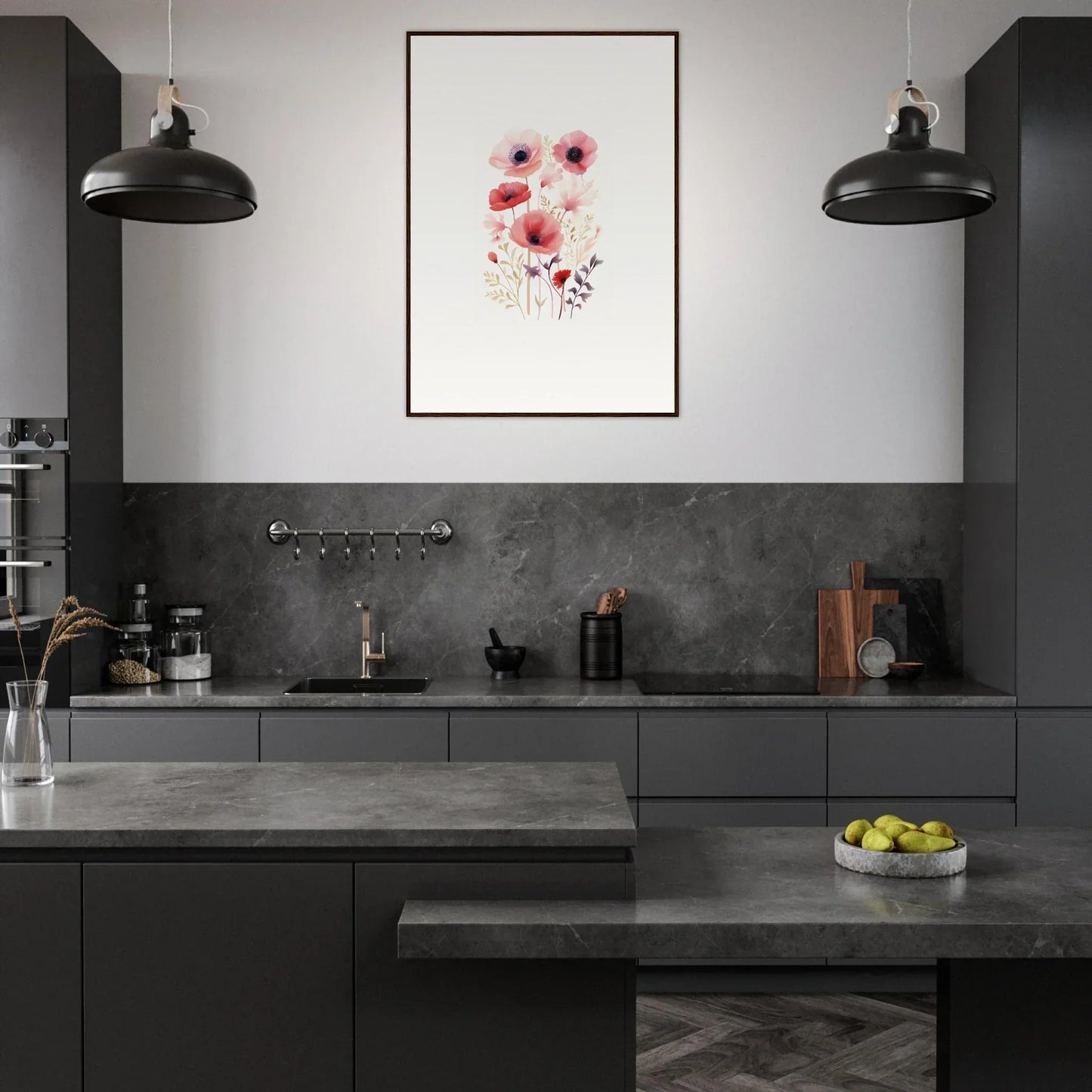 Modern kitchen with dark cabinets and Ephemeral Bloom Tapestry for stylish room decoration