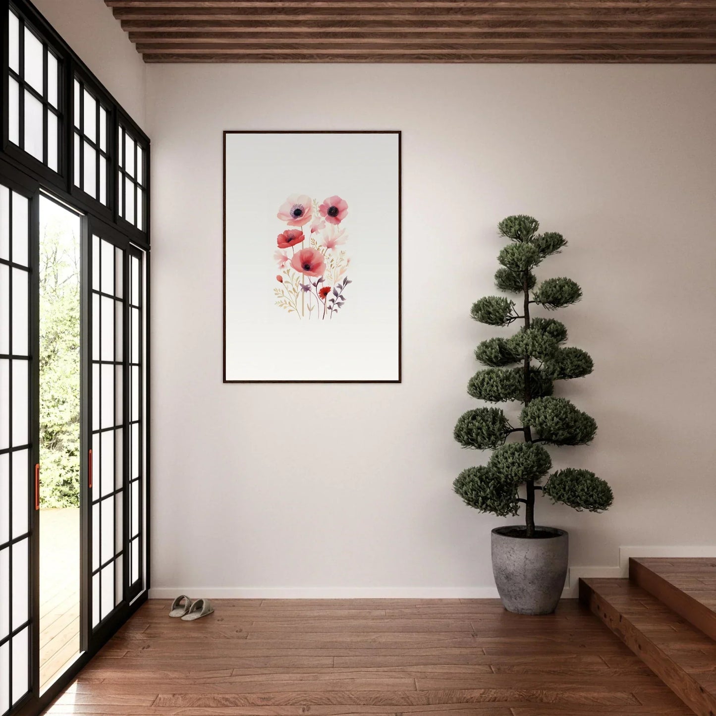 Framed watercolor red poppies artwork for stunning bloom tapestry room decoration