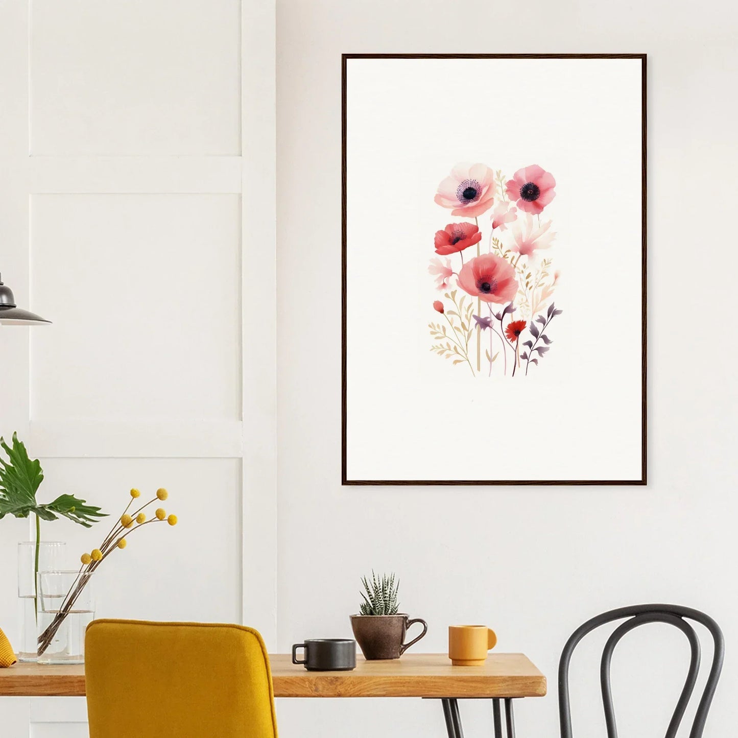 Framed watercolor painting of pink and red poppies for a stunning bloom tapestry