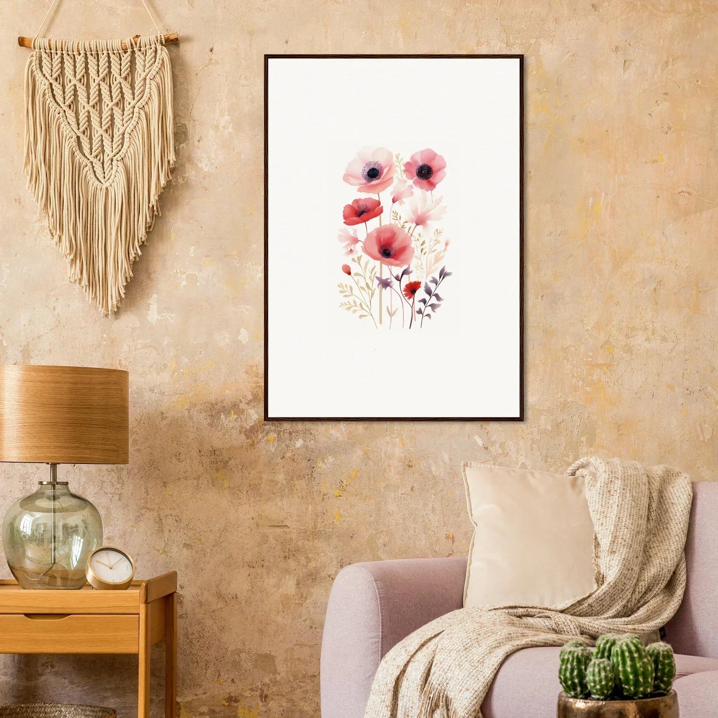 Framed watercolor painting of pink poppies for stylish bloom tapestry room decoration