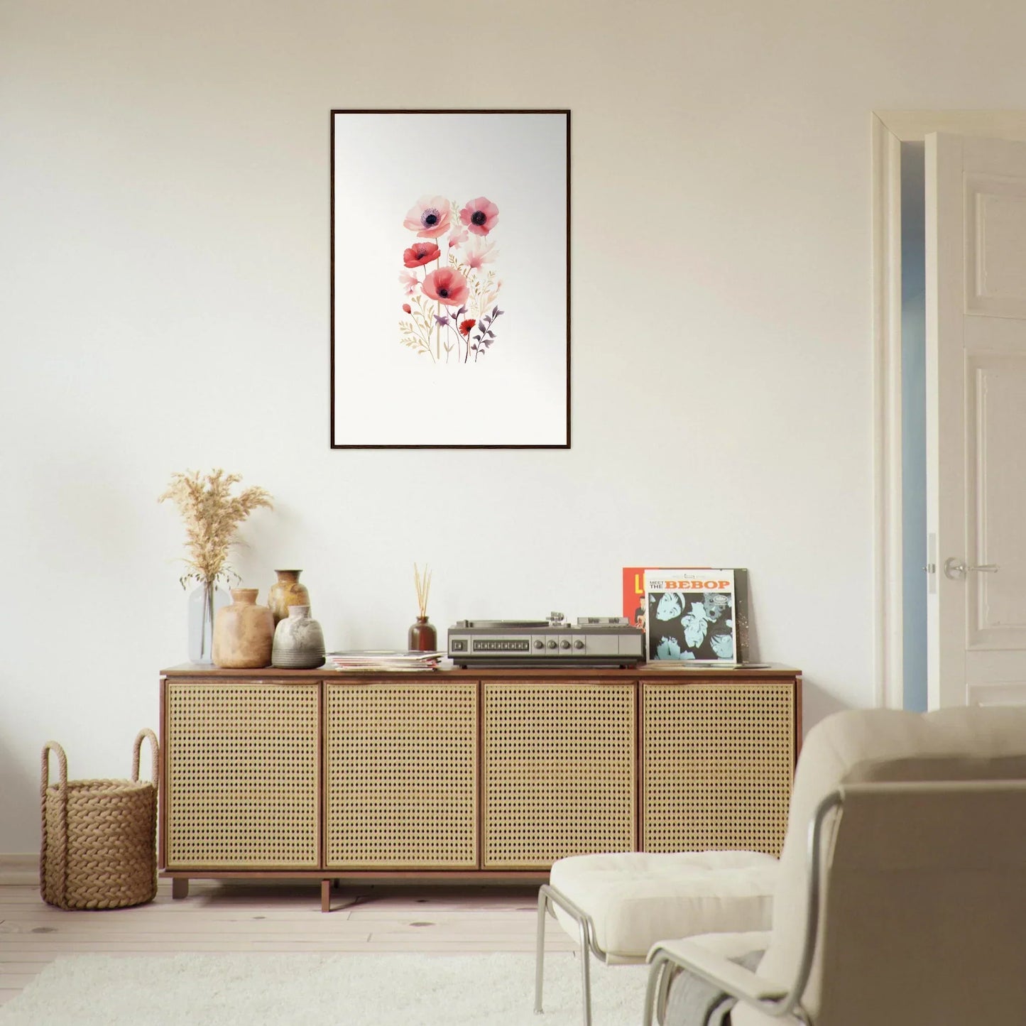 Wooden sideboard with cane-webbed doors showcasing the Ephemeral Bloom Tapestry decor