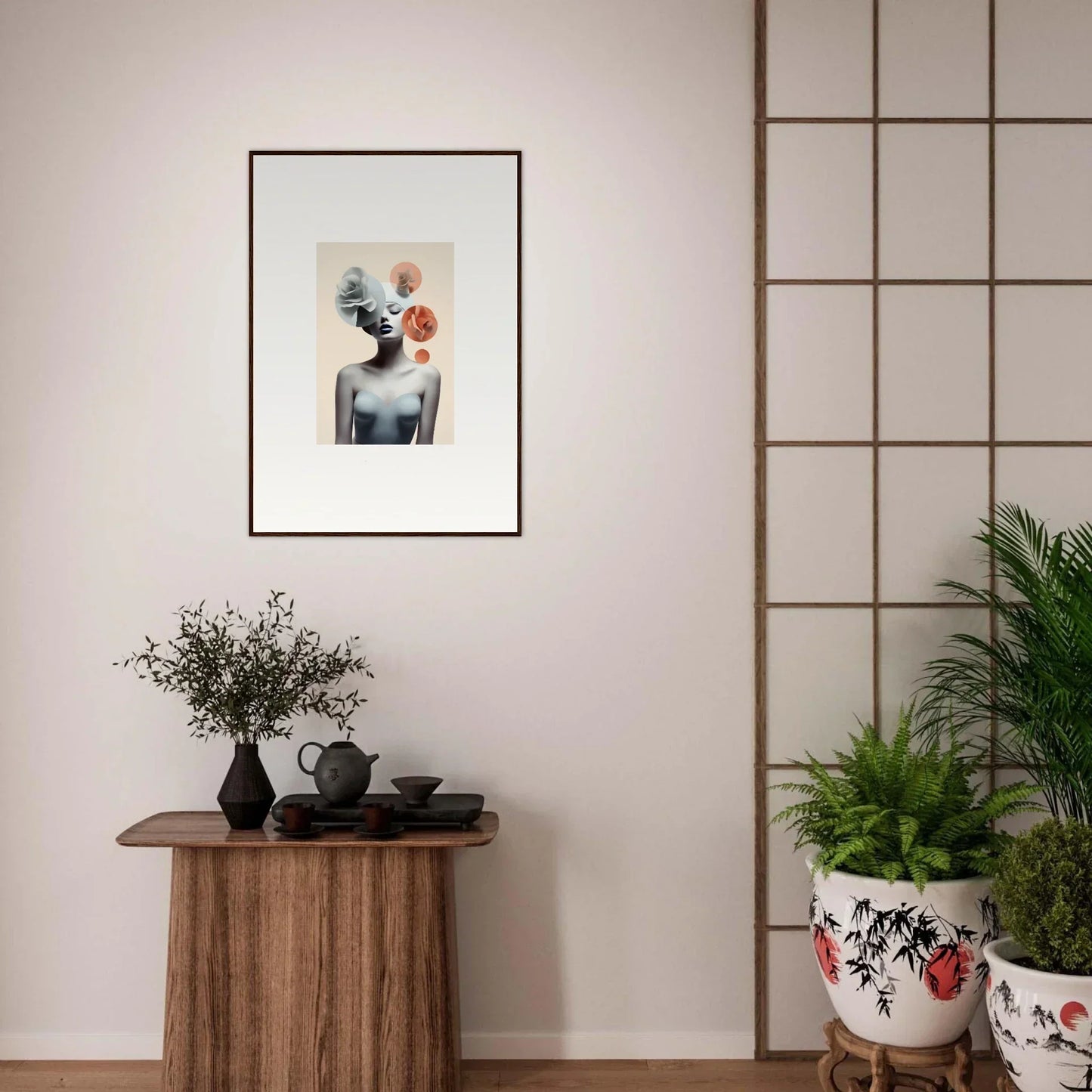 Framed abstract portrait art with floral elements for a stylish room decoration canvas print