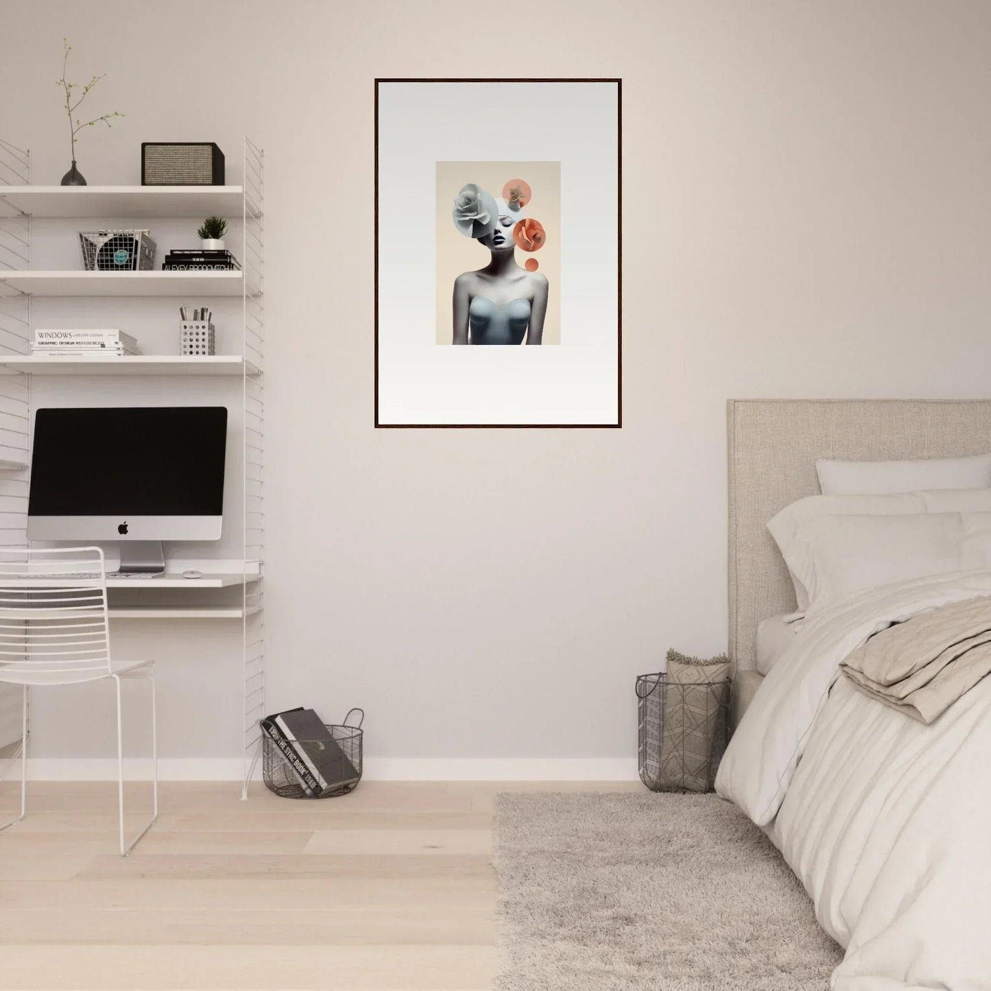 Minimalist bedroom with white walls and Blossom Nexus canvas print for stylish room decoration