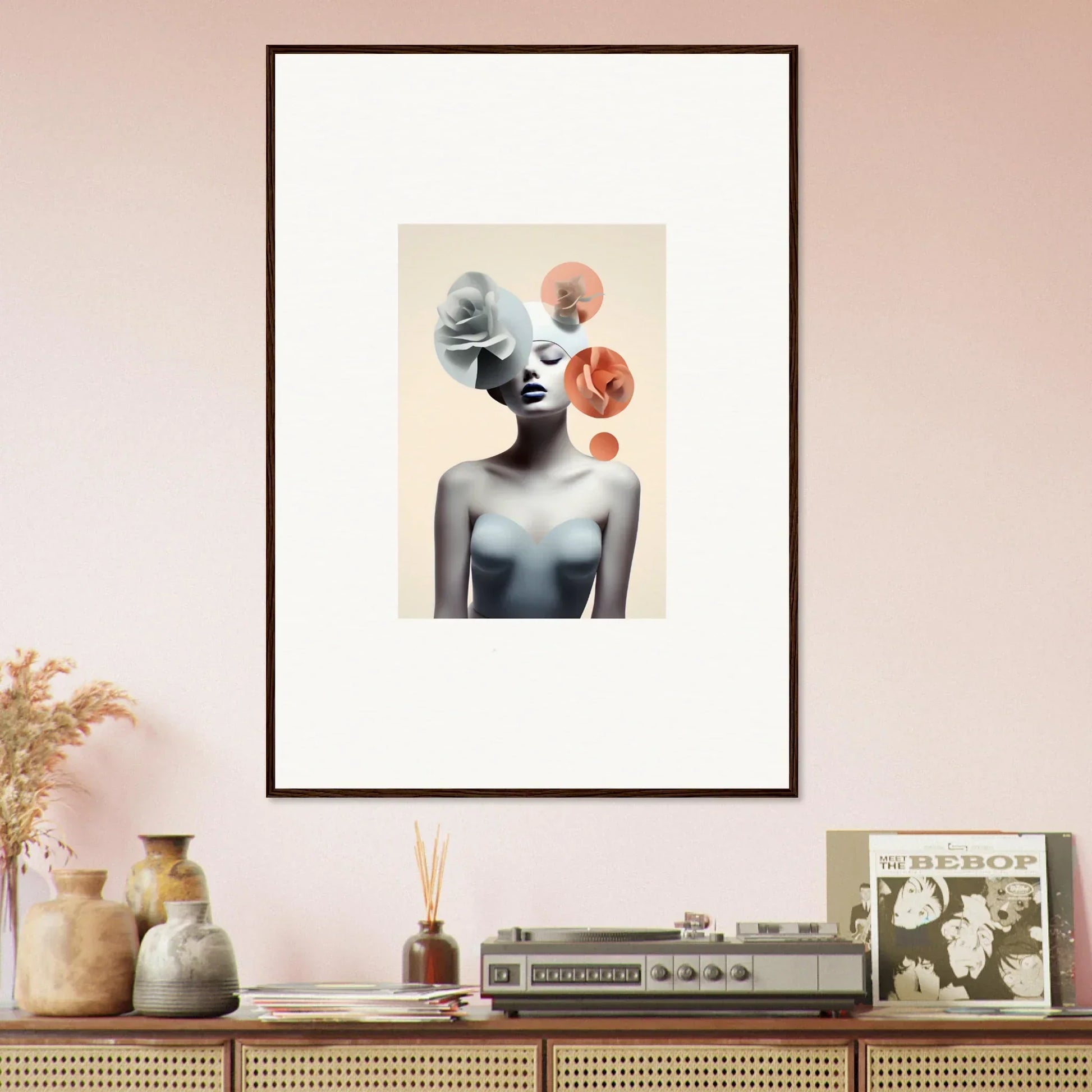 Framed surrealist canvas print featuring abstract circular elements and a figure for room decoration