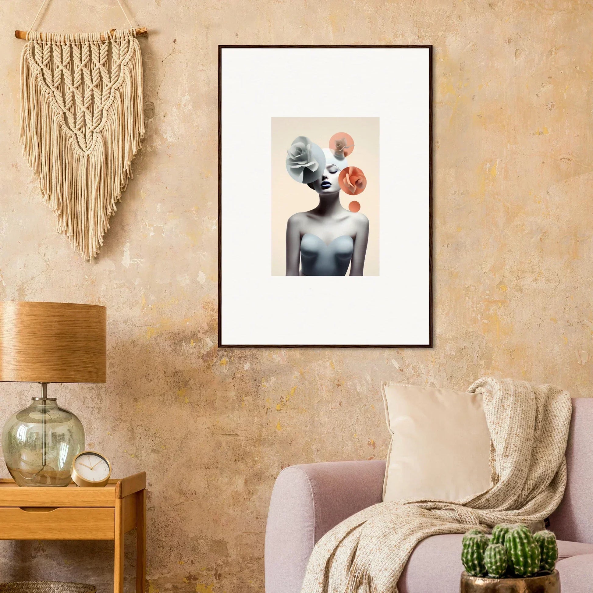 Framed surrealist canvas print of a figure with circular elements for unique room decoration