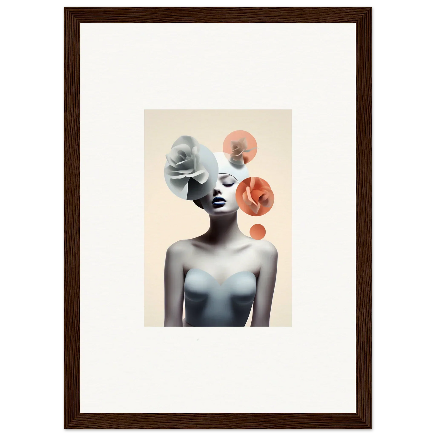 Framed canvas print of a woman with abstract circles for stylish room decoration