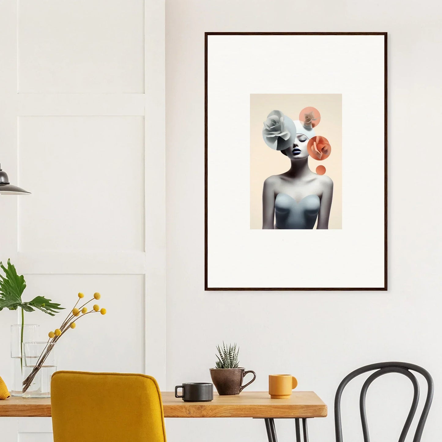 Framed surrealist canvas print of figure with spheres for unique room decoration